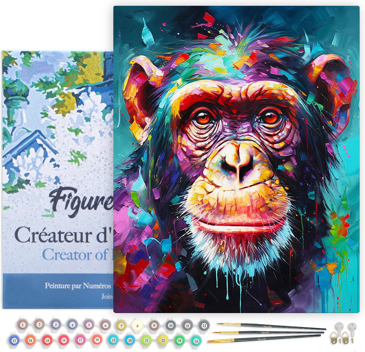 FiguredArt Schilderen op Nummer Volwassenen met lijst Kleurrijke Abstracte Chimpansee- Handwerk acrylverf Kit DIY Compleet - 40x50cm Canvas al ingelijst